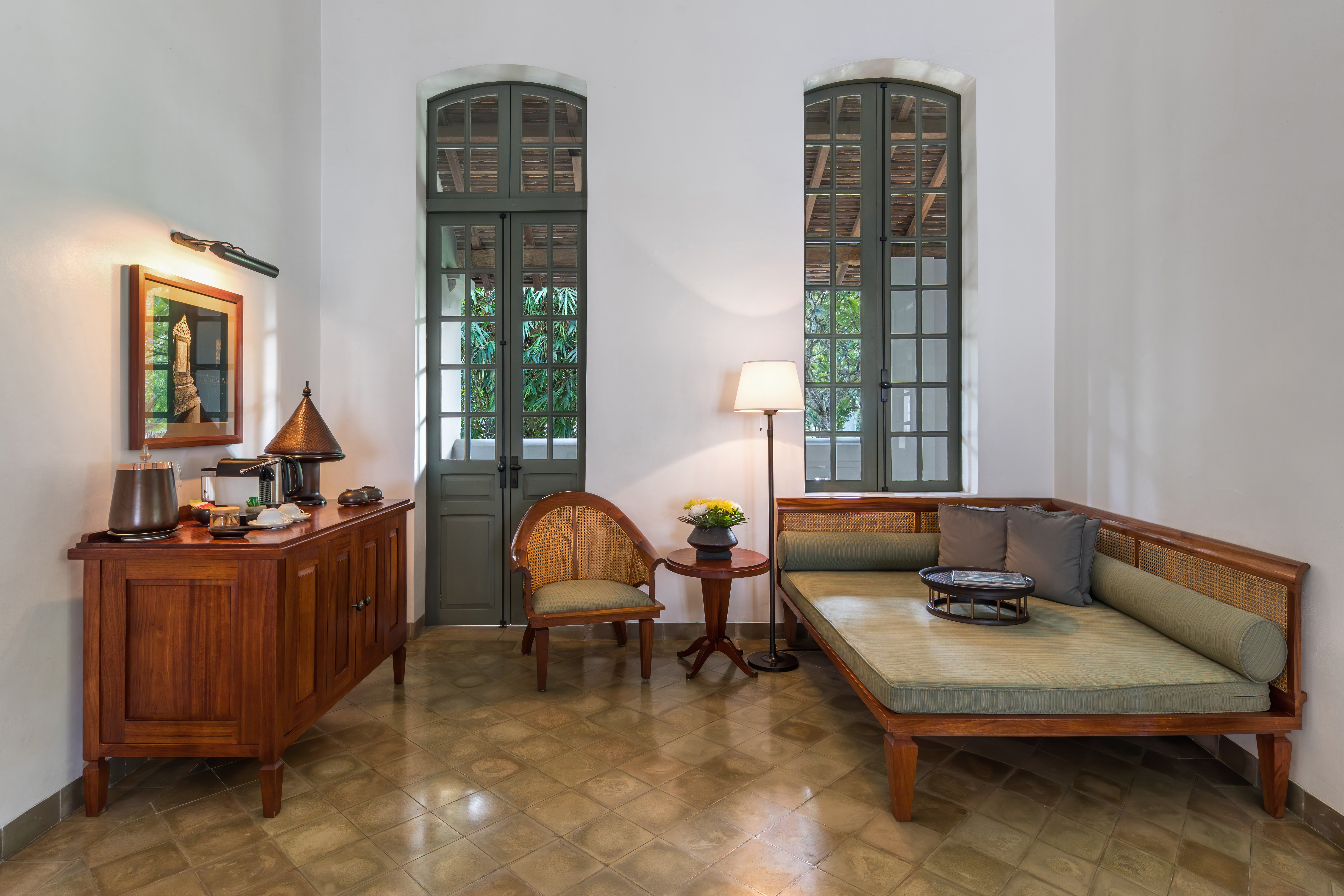 Quiet hotel lobby lounge with comfortable seating
